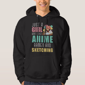 Nur ein Mädchen, das Anime-Ramen und Skizzieren vo Hoodie