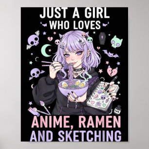 Nur ein Mädchen, das Anime-Ramen und Skizzieren vo Poster