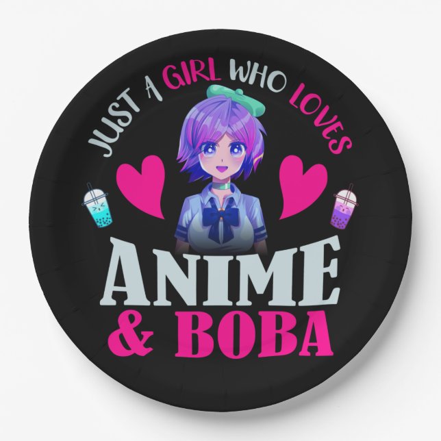 Nur ein Mädchen, das Anime und Boba Liebe Pappteller (Vorderseite)