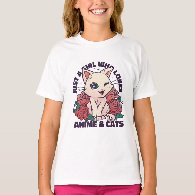 Nur ein Mädchen, das Anime und Katzen Liebe T-Shirt (Vorderseite)