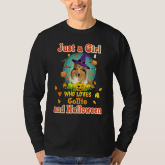 Nur ein Mädchen, das Collie-Hund und Halloween mit T-Shirt
