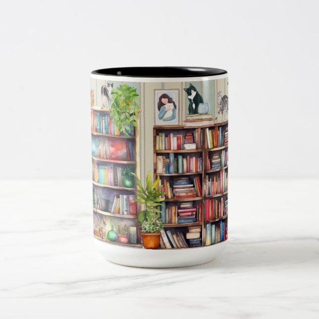 Nur ein Mädchen, das Katzen und Bücher Liebe Zweifarbige Tasse (Mittel)