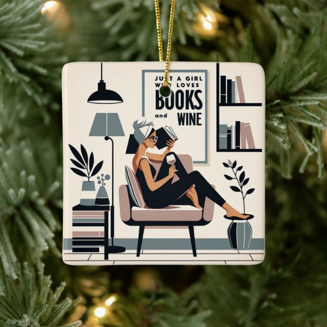 Nur ein Mädchen, das Lieben Bücher und Wein Keramikornament (Baum)