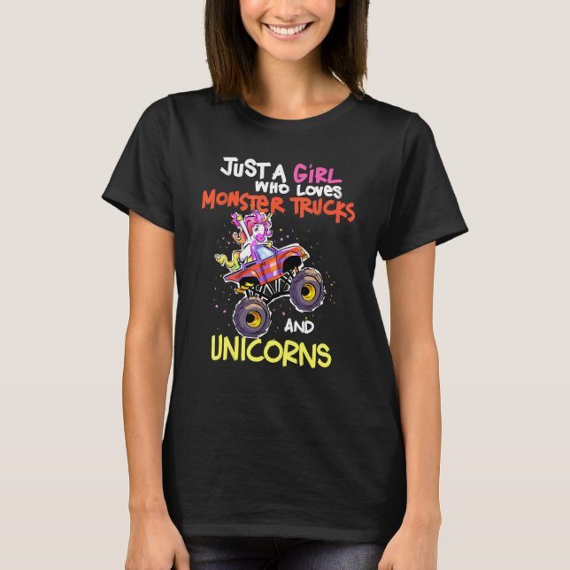 Nur ein Mädchen, das Monster-LKWs und -Einhörner L T-Shirt (Vorderseite)