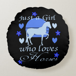 Nur ein Mädchen, das Pferde in Blau Liebe Rundes Kissen