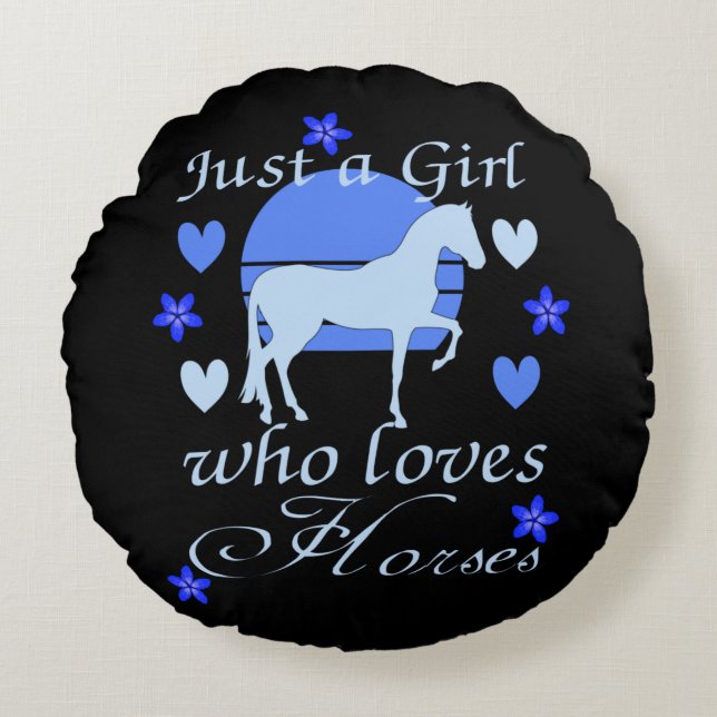 Nur ein Mädchen, das Pferde in Blau Liebe Rundes Kissen (Vorderseite)