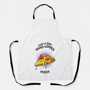Nur ein Mädchen, das Pizza-Lieben mit lustigen it Schürze