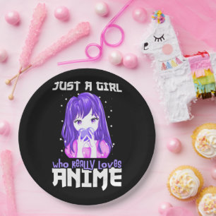 Nur ein Mädchen, das wirklich Anime im Lila Liebe Pappteller