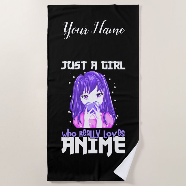 Nur ein Mädchen, das wirklich Anime im Lila Liebe Strandtuch (Vorderseite)