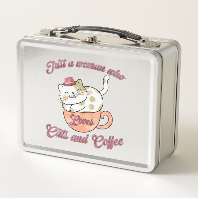 Nur eine Frau, die Katzen und Kaffee Liebe Metall Brotdose (Vorderseite)