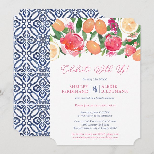 Nur Florals & Citrus Spanish Tiles Empfang Einladung (Vorne/Hinten)