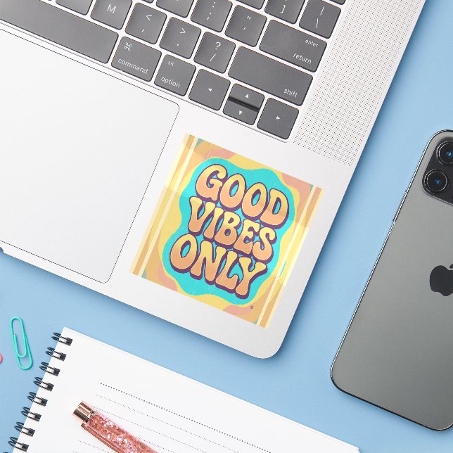 Nur gute Vibes im Retro-Groovy-Stil Aufkleber (Laptop mit iPhone)