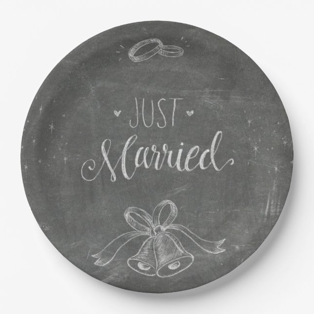 Nur heiraten Chalkboard Hochzeitsringe und Glocken Pappteller (Vorderseite)