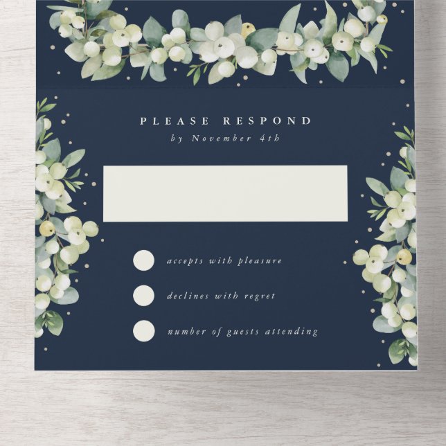 Nur Hochzeitsempfang bei Navy Snowberry+Eucalyptus All In One Einladung (Innen Boden)
