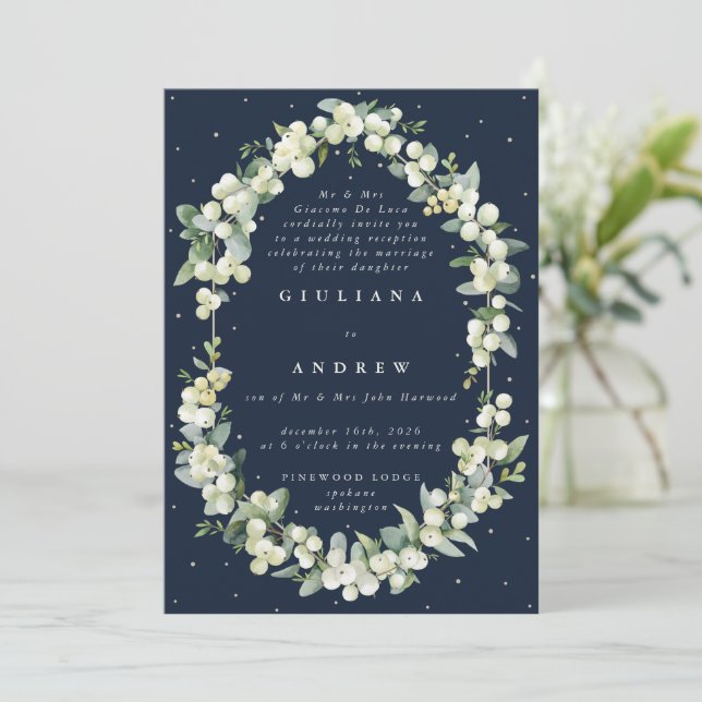 Nur Hochzeitsempfang bei Navy Snowberry+Eucalyptus Einladung (Stehend Vorderseite)