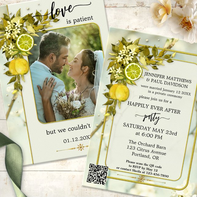Nur Hochzeitsempfang im Foto Watercolor Einladung (Happily ever after wedding party invitation featuring watercolor citrus fruits on blossoming leaves )