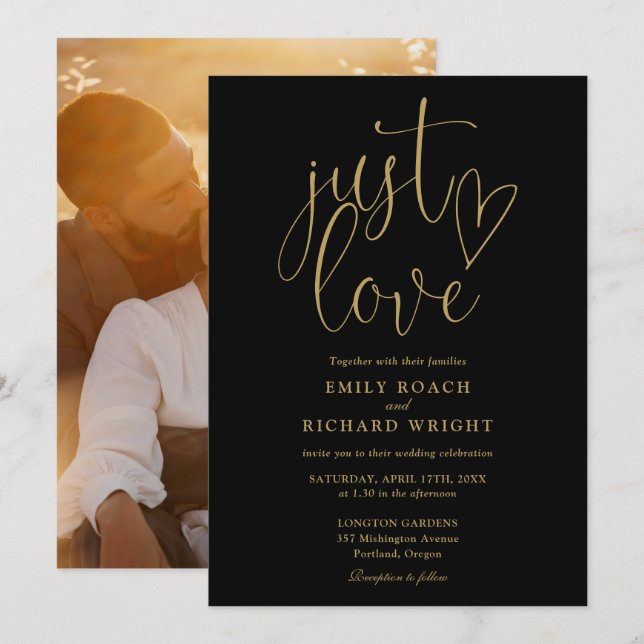 Nur Liebe Black and Gold Script Foto Hochzeit Einladung (Vorne/Hinten)