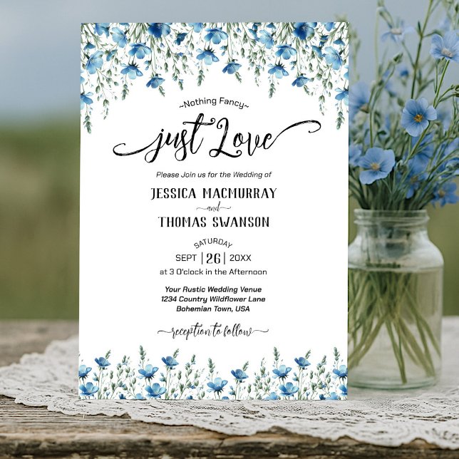 Nur Liebe! Blue Boho Chic Wildblumen Hochzeit Einladung (Von Creator hochgeladen)