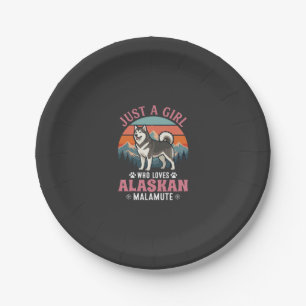 Nur Mädchen Alaskan Malamute Hund Retro Sonnenunte Pappteller
