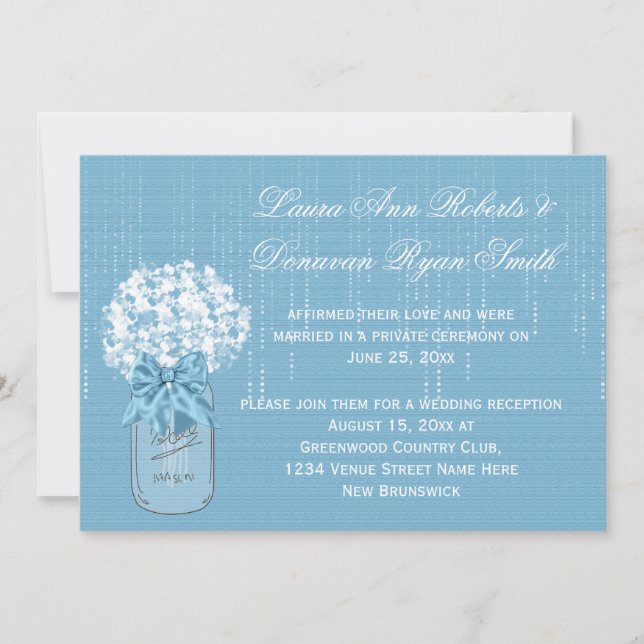 Nur Mason Jar Blue und White Floral Empfang Einladung (Vorderseite)