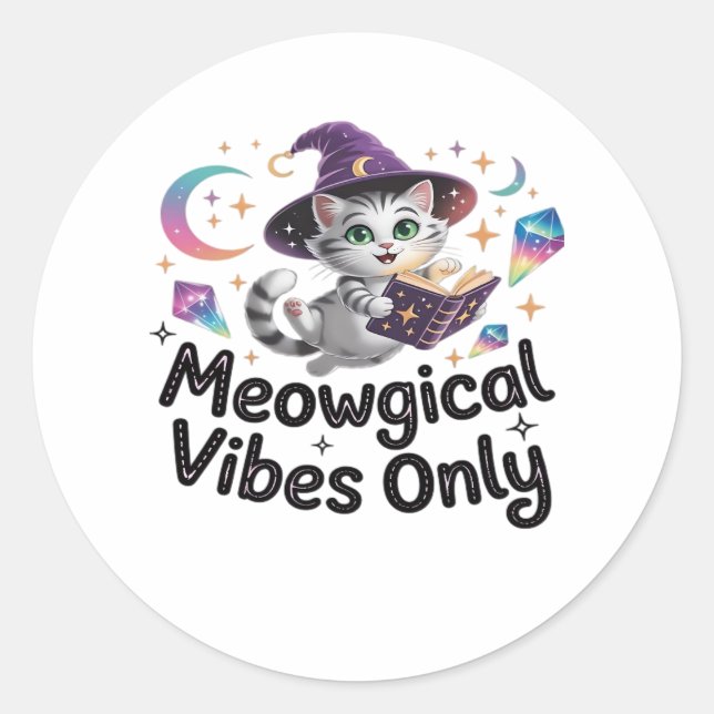 Nur Meowgical Vibes, Floating Kawaii Witch Cat Ov Runder Aufkleber (Vorderseite)