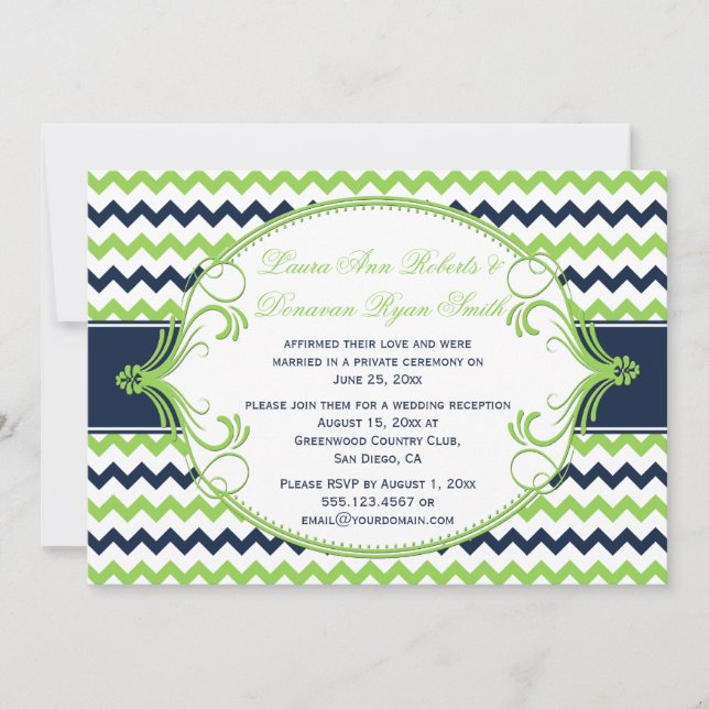 Nur Navy Blue Kelly Green Zickzack Empfang Einladung (Vorderseite)