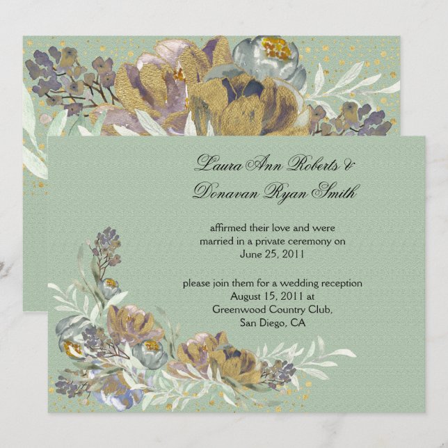 Nur Sage Green Gold Lila Floral Empfang Einladung (Vorne/Hinten)