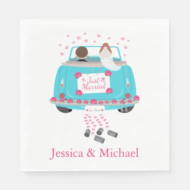 Nur verheiratet Blue Turquoise & Pink Wedding Car Serviette (Vorderseite)