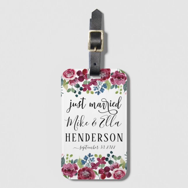 Nur verheiratet Burgundy Radiant Bloom Gepäckanhänger (Vorderseite Vertikal)