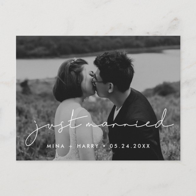 Nur verheiratet handgeschriebenes minimalistisches postkarte (Vorderseite)