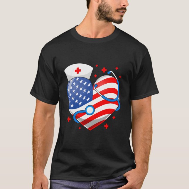 Nurse 4Th Of July American Flag He Stethoscope Nur T-Shirt (Vorderseite)