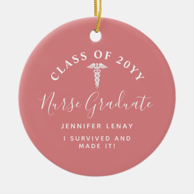 Nurse Abschluss Caduceus Pink Keepake Monogramm Keramik Ornament (Vorne)