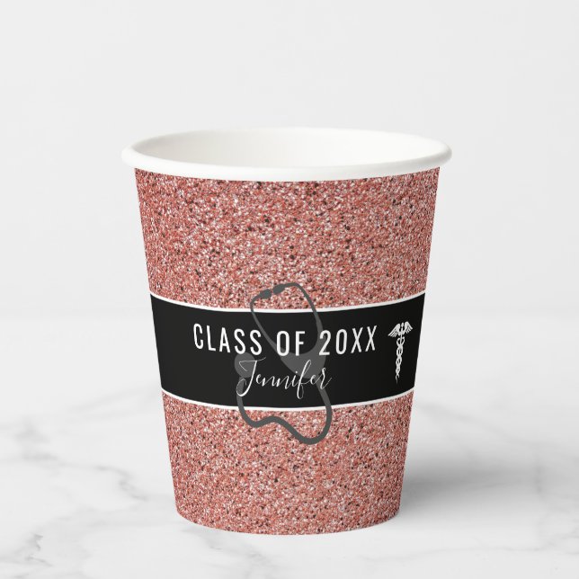 Nurse Abschluss Caduceus Rose Gold Glitzer Name Pappbecher (Vorderseite)