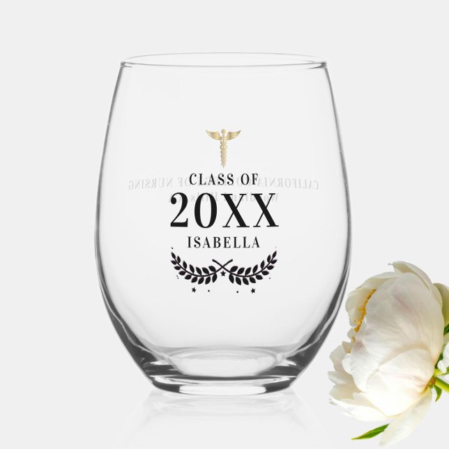 Nurse Abschluss Gift Gold Caduceus Laurel Name Weinglas Ohne Stiel (nurse graduation gift wine glass personalized custom laurel calligraphy caduceus school year name)