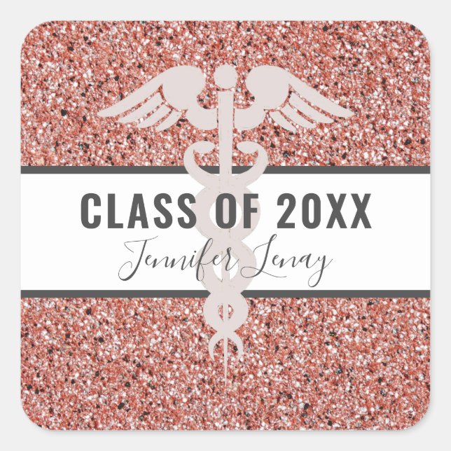 Nurse Abschluss Moderne Rose Gold Glitzer Name Quadratischer Aufkleber (Vorderseite)