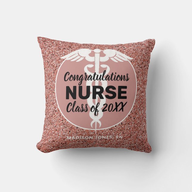 Nurse Abschluss Rose Gold Glitzer Personalisiert Kissen (Vorderseite)