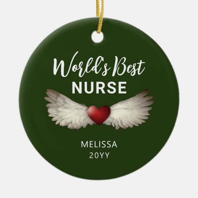 Nurse Angel Wings Heart Keepake Name Weihnachten Keramik Ornament (Vorne)