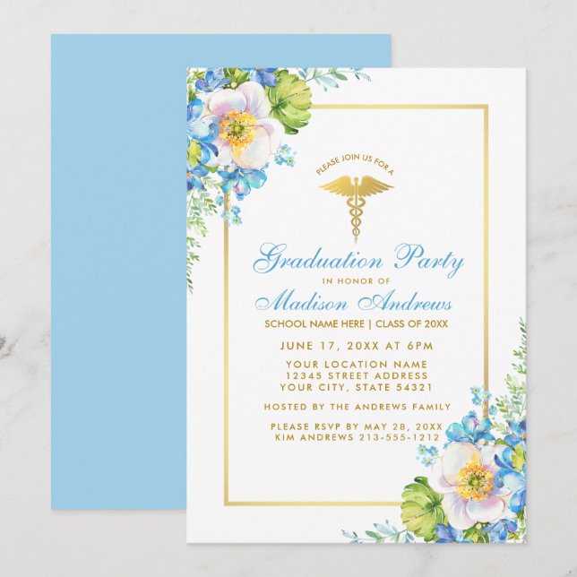Nurse Blue Floral Gold Grad Party Einladung B (Vorne/Hinten)