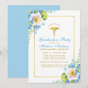 Nurse Blue Floral Gold Grad Party Einladung B
