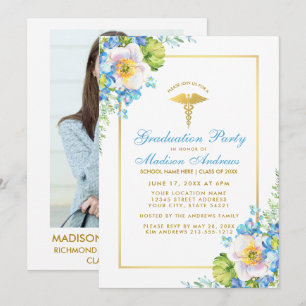 Nurse Blue Floral Grad Party Invitation B - Photo 