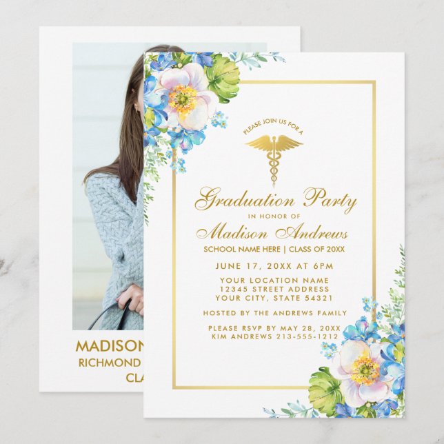 Nurse Blue Floral Grad Party Invitation - Photo Re (Devant / Derrière)