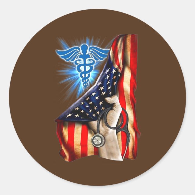 Nurse Caduceus Symbol Medical American Flag Hand Runder Aufkleber (Vorderseite)
