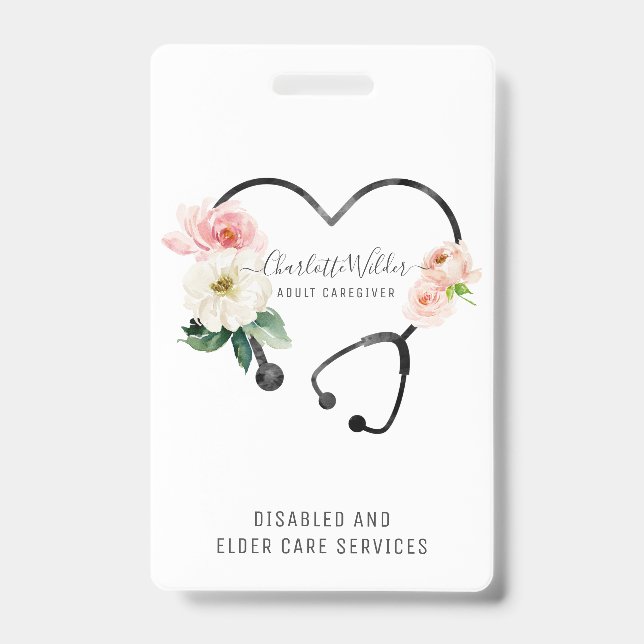 Nurse Caregiver Floral Stethoscope Ausweis (Front)