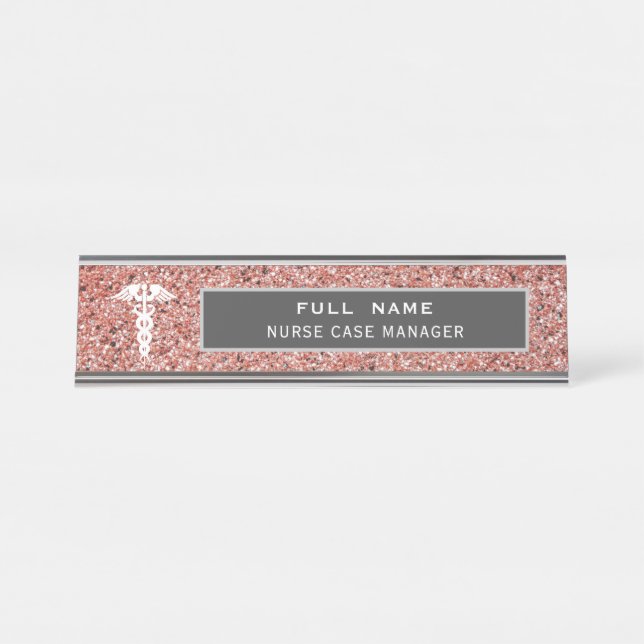 Nurse Case Manager Medical Rose Gold Glitzer Schreibtischnamensplakette (Vorderseite )