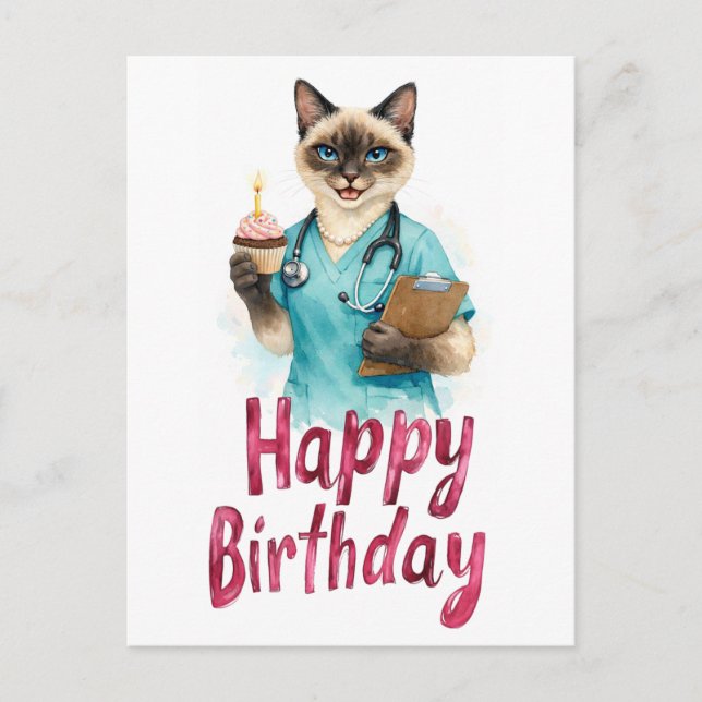 Nurse Cat with Cake and text Happy Birthday  Postkarte (Vorderseite)
