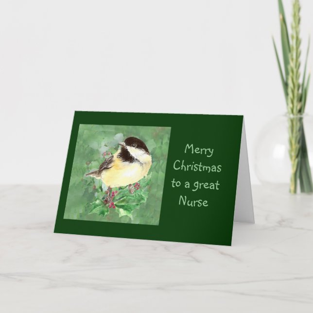 Nurse Christmas Chickadee Bird Holly Nature Feiertagskarte (Vorderseite)