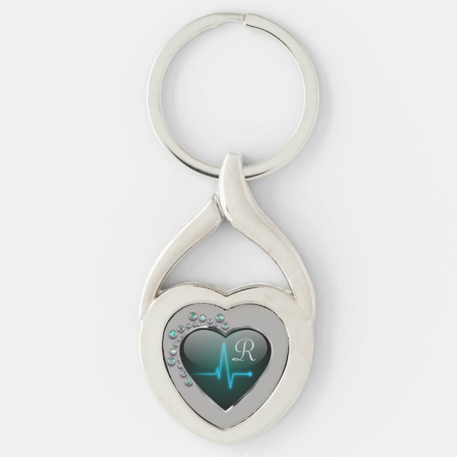 Nurse EKG line Herzjuwel schwarz silberblau Schlüsselanhänger (Vorderseite)