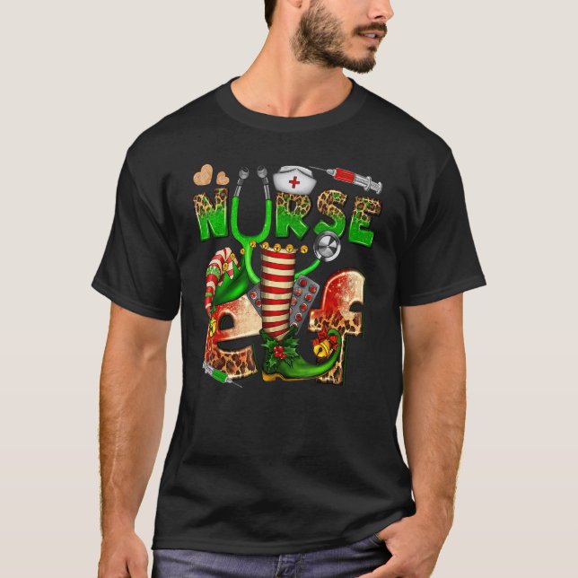 Nurse Elf Leopard Christmas Family Stethoscope Nur T-Shirt (Vorderseite)