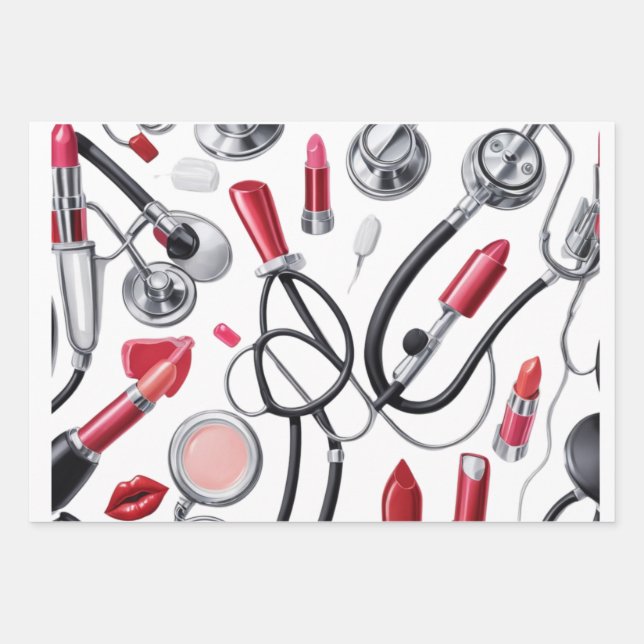 Nurse Glam - Stethoscope & Lipstick Pattern Geschenkpapier Set (Vorderseite 2)