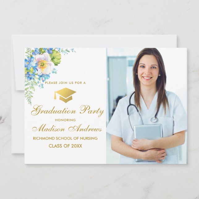 Nurse Gold Blue Floral Grad Party Einladung (Vorderseite)